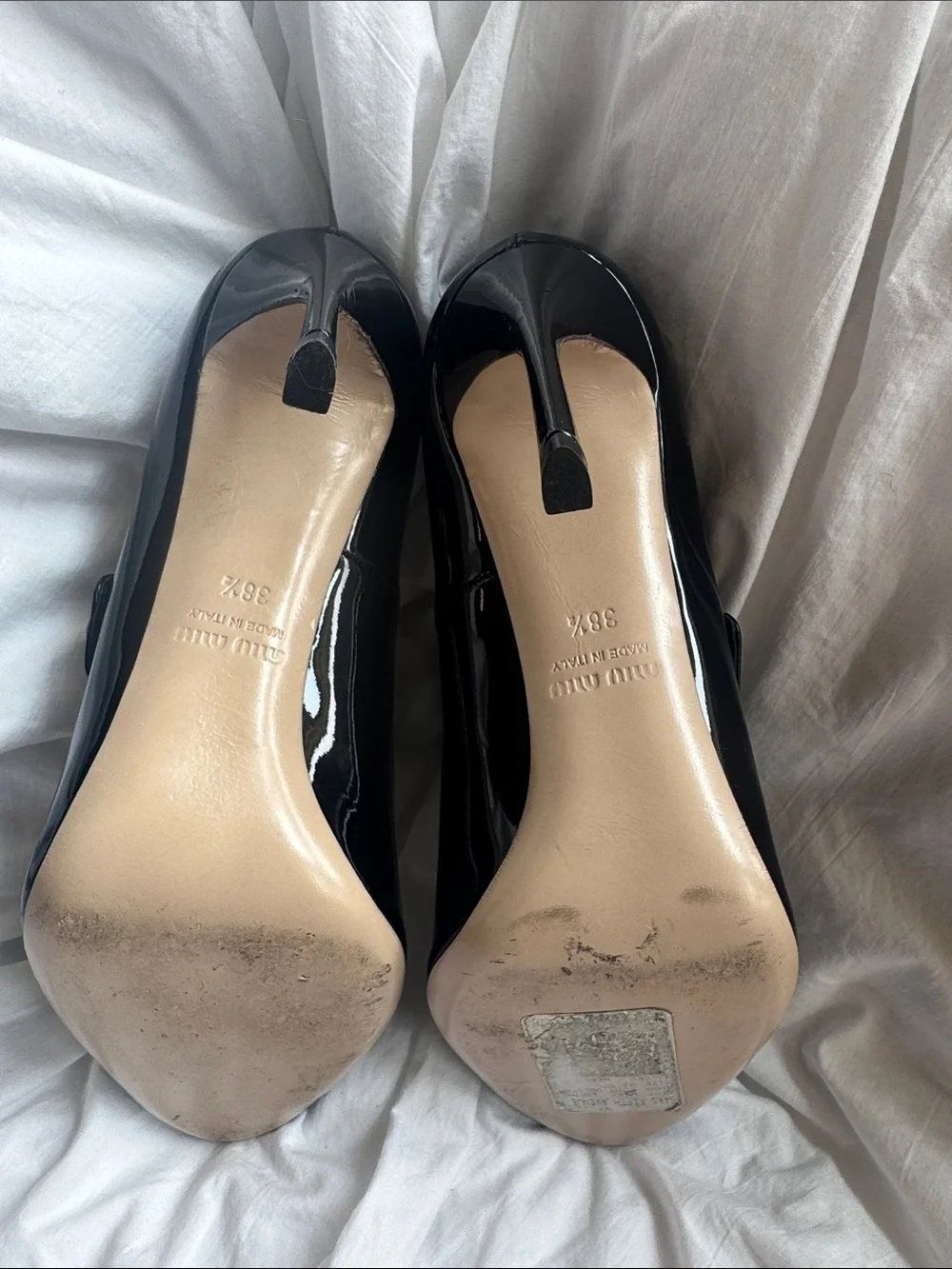 Miu Miu Black Patent Leather Mary Jane Peep-Toe Heels with Double Straps